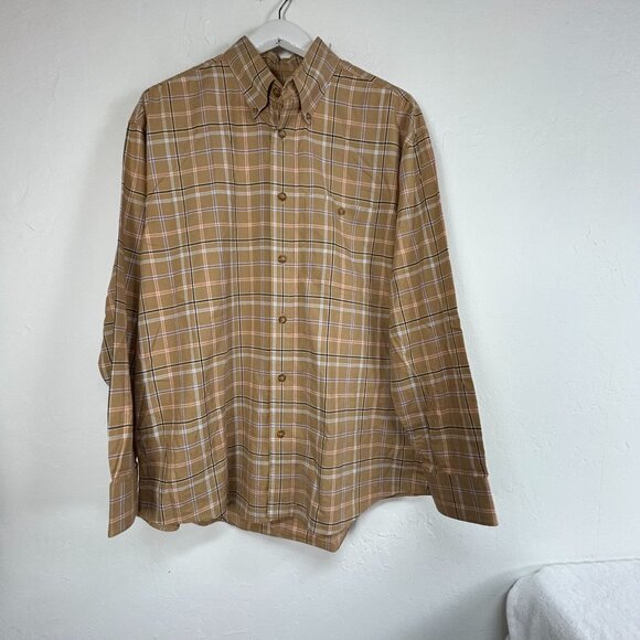 Cabelas Mens Plaid Button-Down Shirt Large Regular Tan Long Sleeve Casual Pocket - Picture 1 of 8